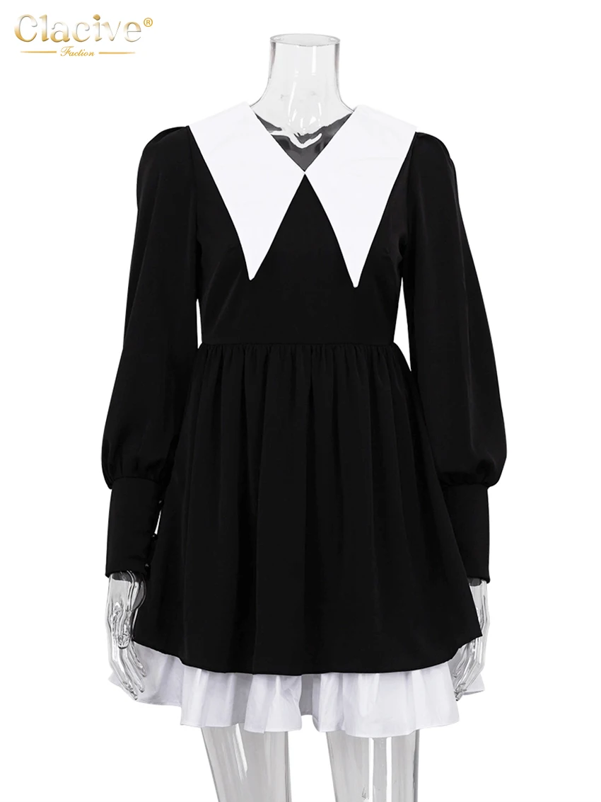 Clacive Fashion Doll Collar Black Dresses For Women 2022 Casual Lantern Sleeve Office Mini Dress Ladies Elegant Patchwork Dress
