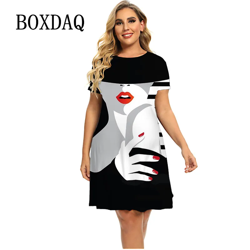 3D Abstract Print Painting Dress For Women 2022 Summer Short Sleeve Fashion Dress Casual Round Neck Loose Clothing Plus Size 6XL
