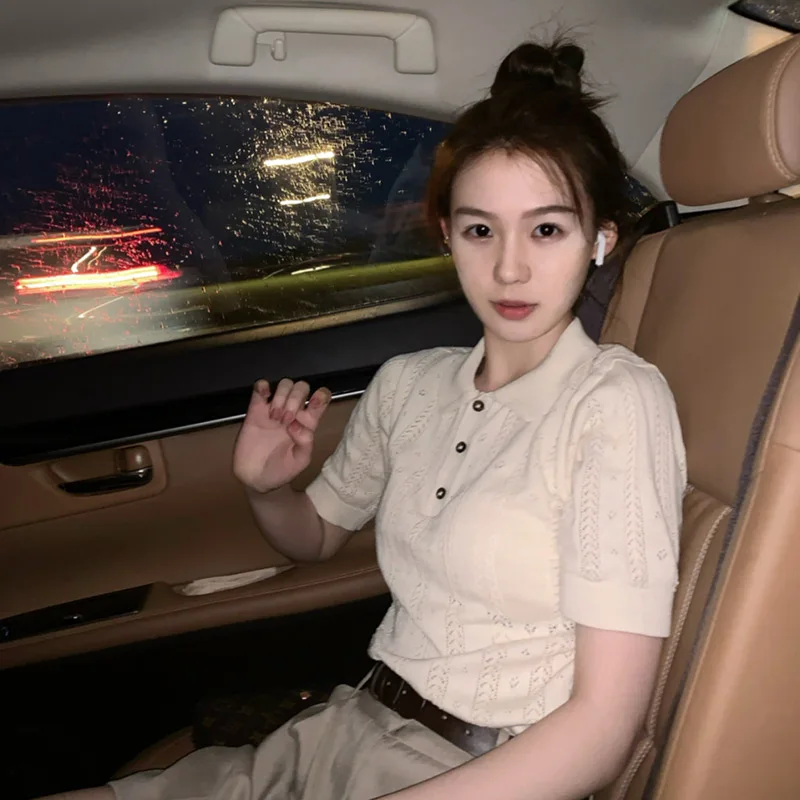 New Summer Fashion 100% Cotton Women Hollow-out Sweater T-shirt Short-sleeve Polo Collar Pullover Tees Korea Casual Knitted Tops