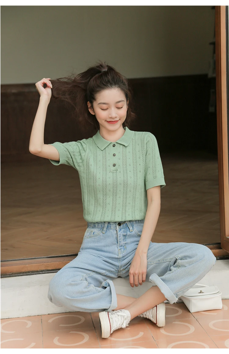 New Summer Fashion 100% Cotton Women Hollow-out Sweater T-shirt Short-sleeve Polo Collar Pullover Tees Korea Casual Knitted Tops