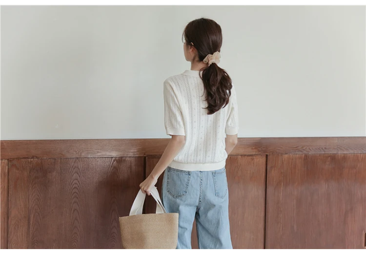 New Summer Fashion 100% Cotton Women Hollow-out Sweater T-shirt Short-sleeve Polo Collar Pullover Tees Korea Casual Knitted Tops