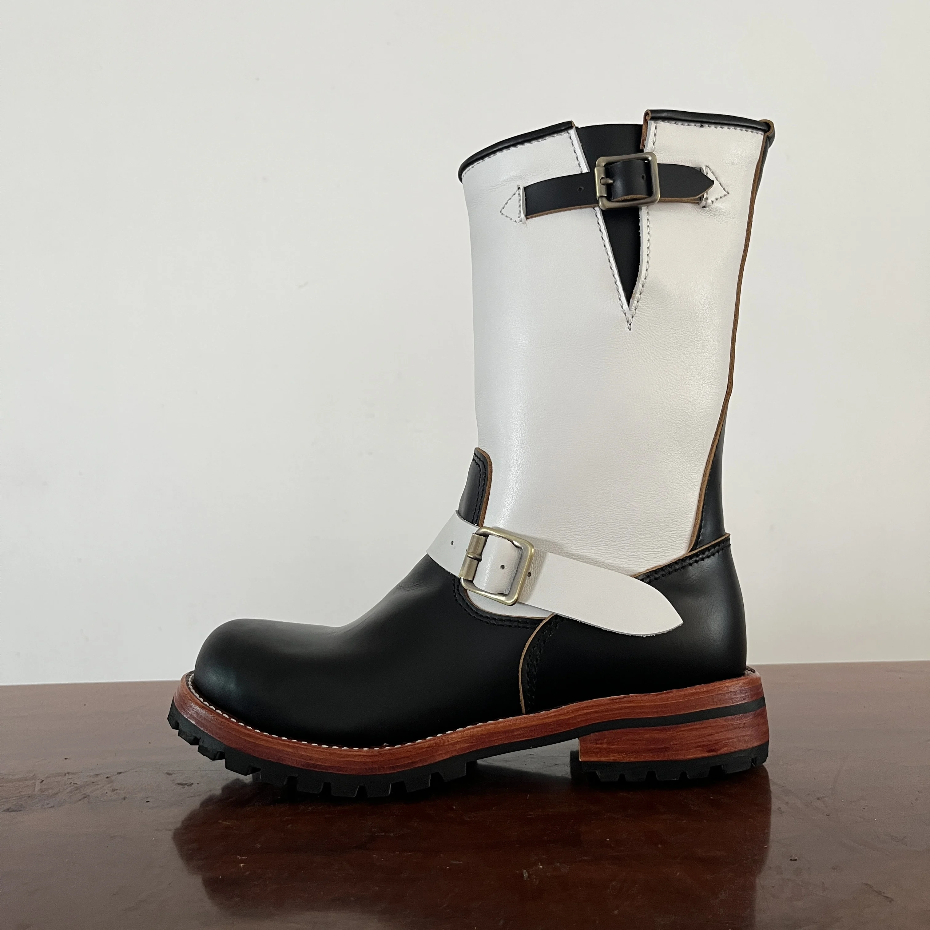 EB999 RockCanRoll Men's Genuine Italian Cow Leather Footwear Cowhide Top Quality Goodyear Welted Trooper Engineer Boots