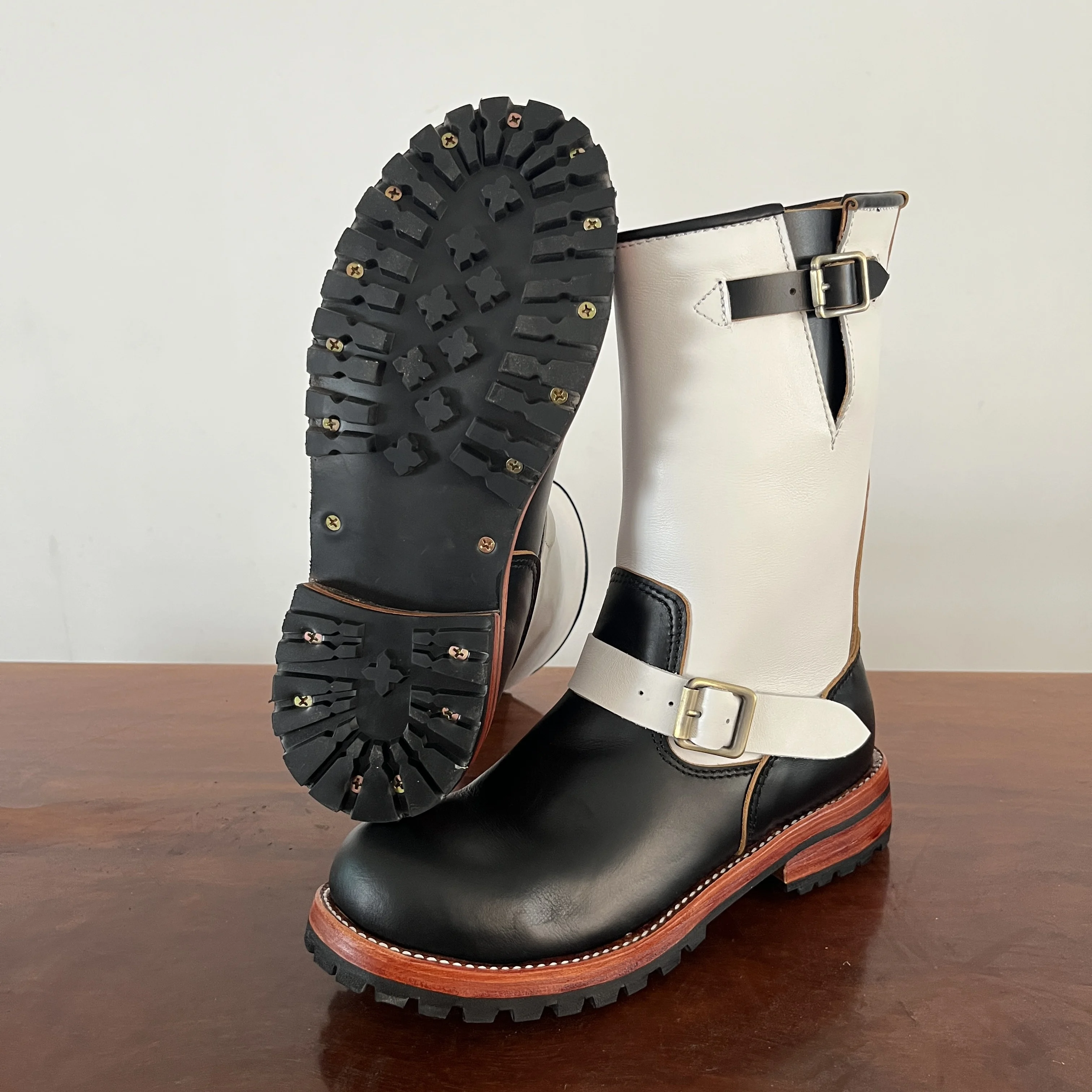 EB999 RockCanRoll Men's Genuine Italian Cow Leather Footwear Cowhide Top Quality Goodyear Welted Trooper Engineer Boots