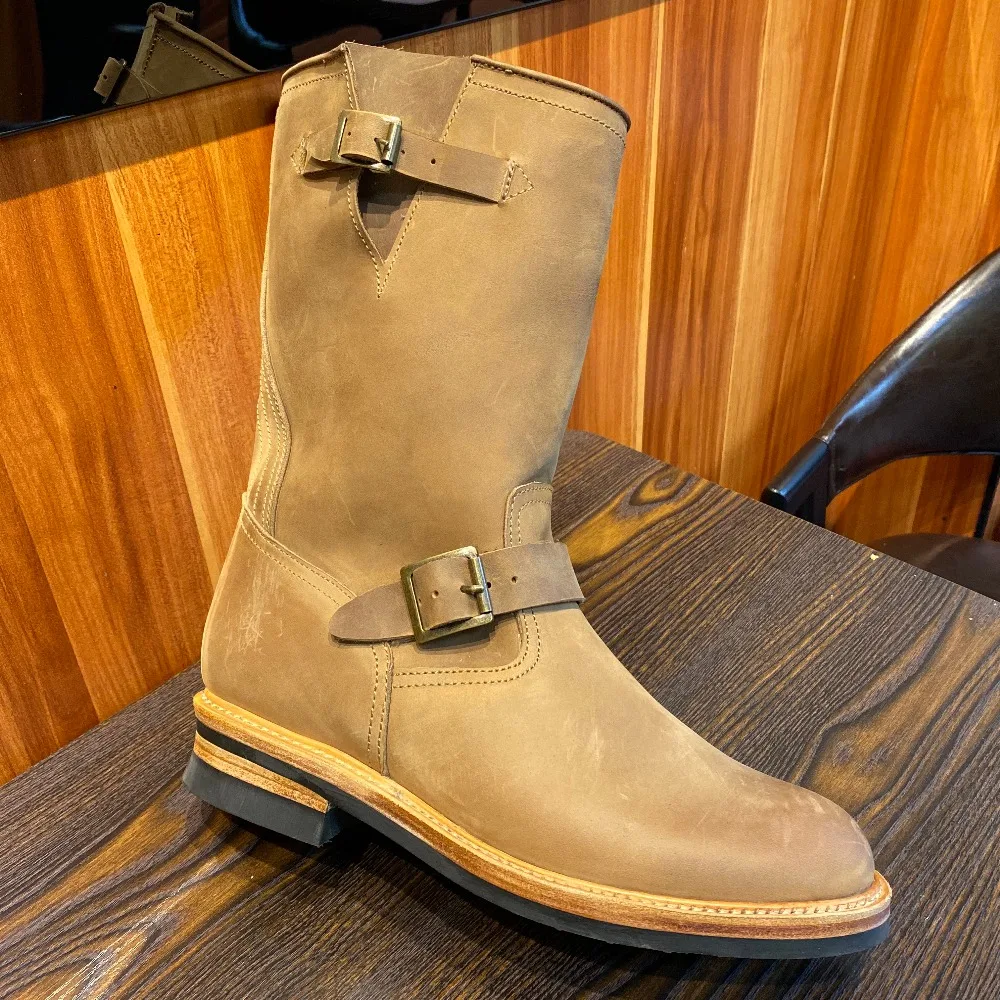 EB999 RockCanRoll Men's Genuine Italian Cow Leather Footwear Cowhide Top Quality Goodyear Welted Trooper Engineer Boots