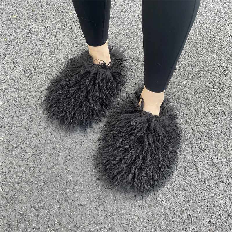 New Design Flat Bottom Fluffy Fuzzy Shoes Long Sheepskin Slide Women Faux Mongolian Fur Slippers y2k Winter Fashion Warm Shoes