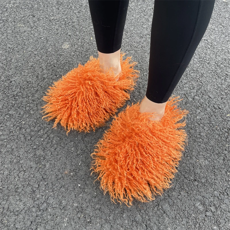 New Design Flat Bottom Fluffy Fuzzy Shoes Long Sheepskin Slide Women Faux Mongolian Fur Slippers y2k Winter Fashion Warm Shoes