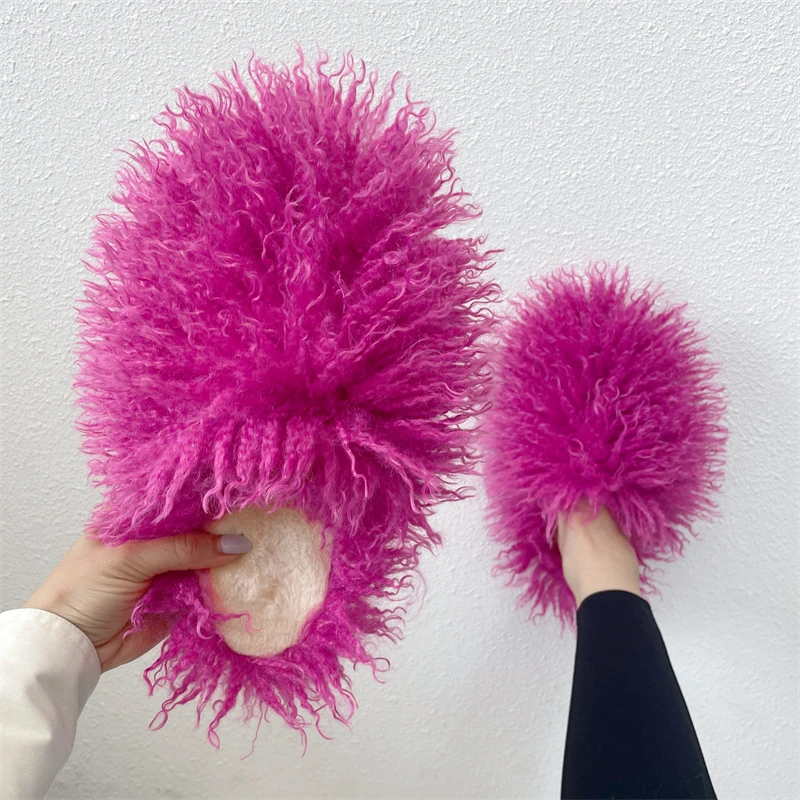 New Design Flat Bottom Fluffy Fuzzy Shoes Long Sheepskin Slide Women Faux Mongolian Fur Slippers y2k Winter Fashion Warm Shoes