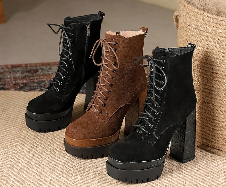PRXDONG Women's Quality Brand Thick Platform Women's Ankle Boots Zipper Black Female Booties High Heels Party Dress Lady Shoes
