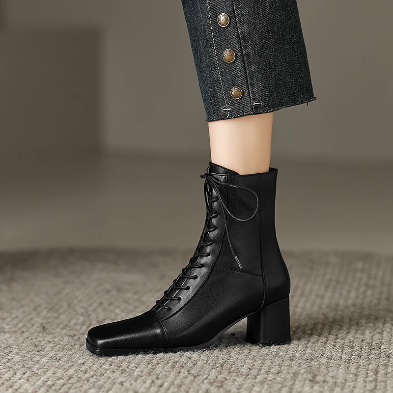ASUMER 2024 New Zipper Thick High Heels Shoes Narrow Band Genuine Leather Boots Woman Winter Autumn Ladies Ankle Boots