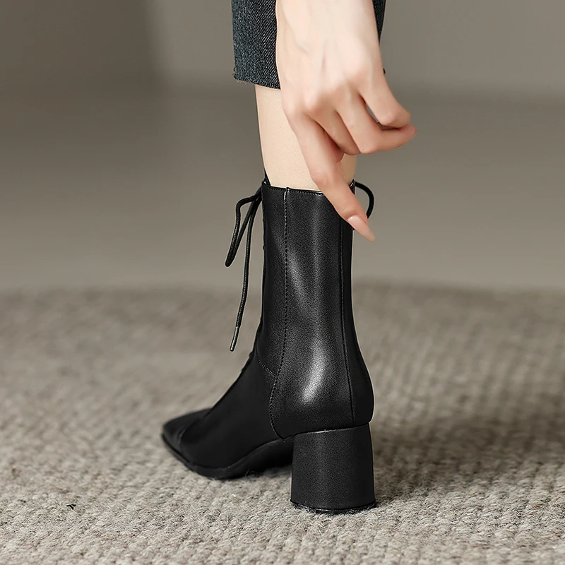 ASUMER 2024 New Zipper Thick High Heels Shoes Narrow Band Genuine Leather Boots Woman Winter Autumn Ladies Ankle Boots