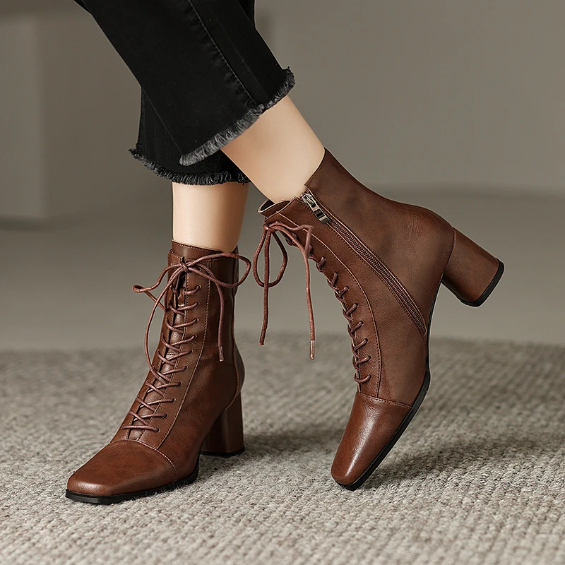 ASUMER 2024 New Zipper Thick High Heels Shoes Narrow Band Genuine Leather Boots Woman Winter Autumn Ladies Ankle Boots