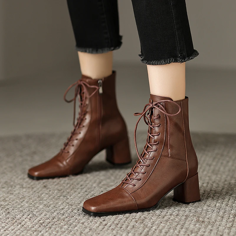 ASUMER 2024 New Zipper Thick High Heels Shoes Narrow Band Genuine Leather Boots Woman Winter Autumn Ladies Ankle Boots
