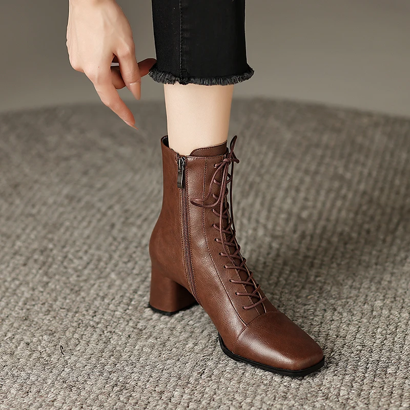 ASUMER 2024 New Zipper Thick High Heels Shoes Narrow Band Genuine Leather Boots Woman Winter Autumn Ladies Ankle Boots