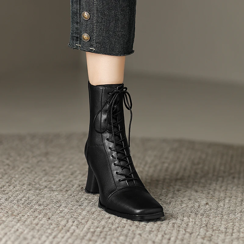 ASUMER 2024 New Zipper Thick High Heels Shoes Narrow Band Genuine Leather Boots Woman Winter Autumn Ladies Ankle Boots