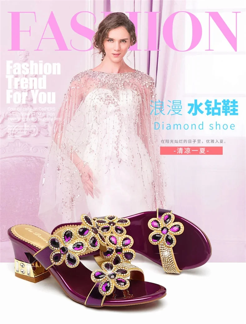 2024 New Summer Glitter Women Sandals Fashion Outdoor Peep Toe Casual Beach Slippers Thick Heel Slip on Rhinestone Sandals