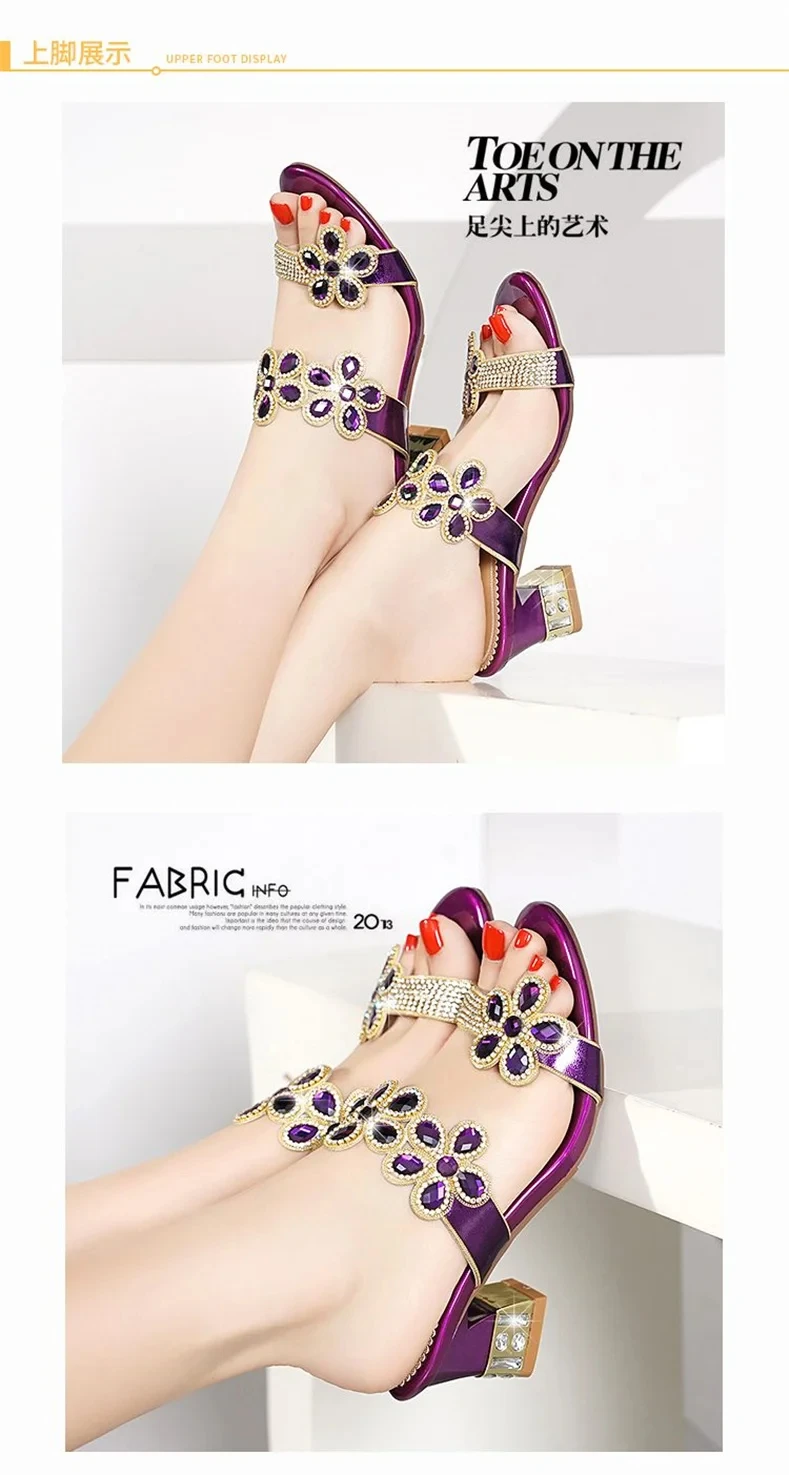 2024 New Summer Glitter Women Sandals Fashion Outdoor Peep Toe Casual Beach Slippers Thick Heel Slip on Rhinestone Sandals