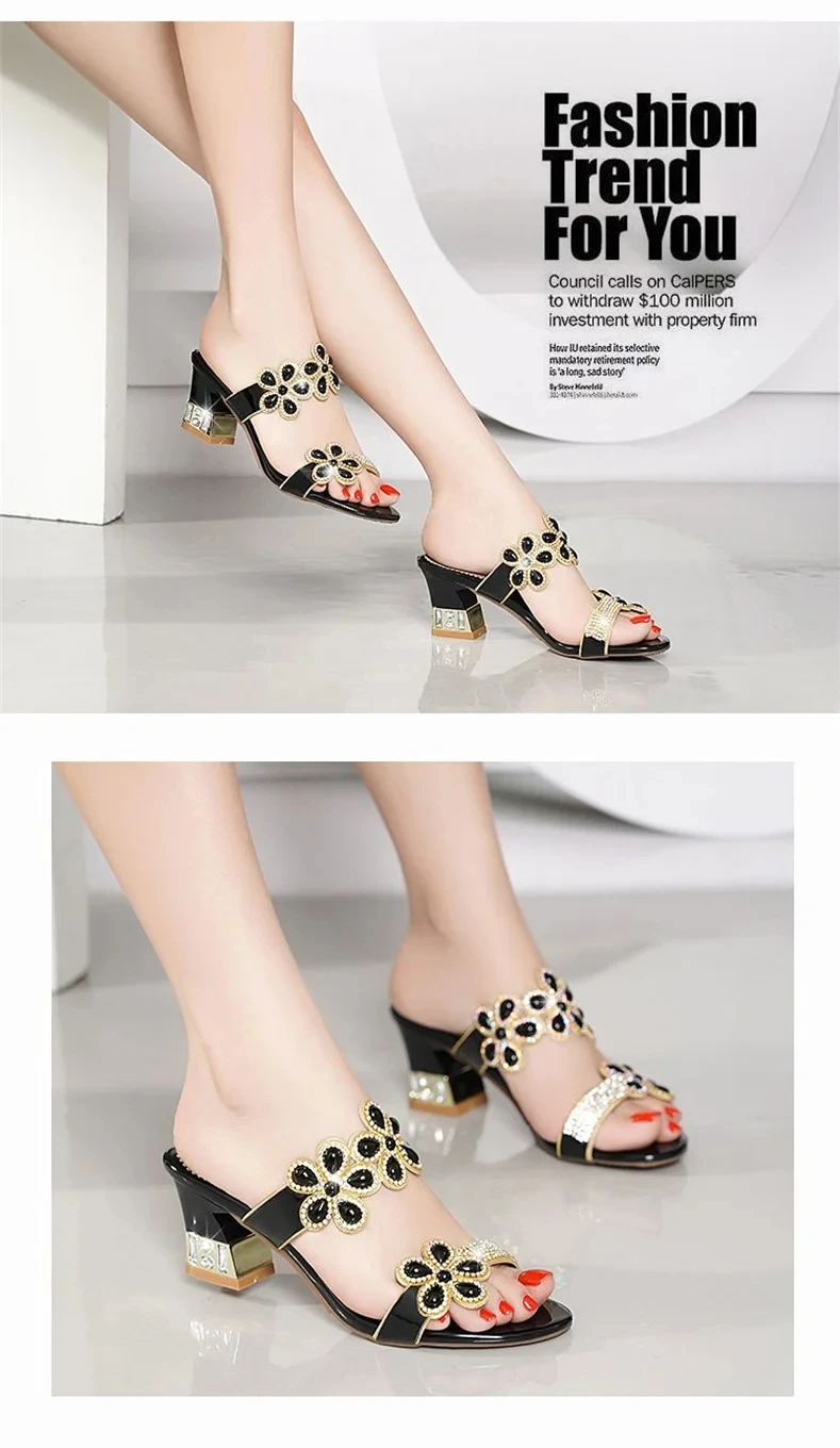 2024 New Summer Glitter Women Sandals Fashion Outdoor Peep Toe Casual Beach Slippers Thick Heel Slip on Rhinestone Sandals