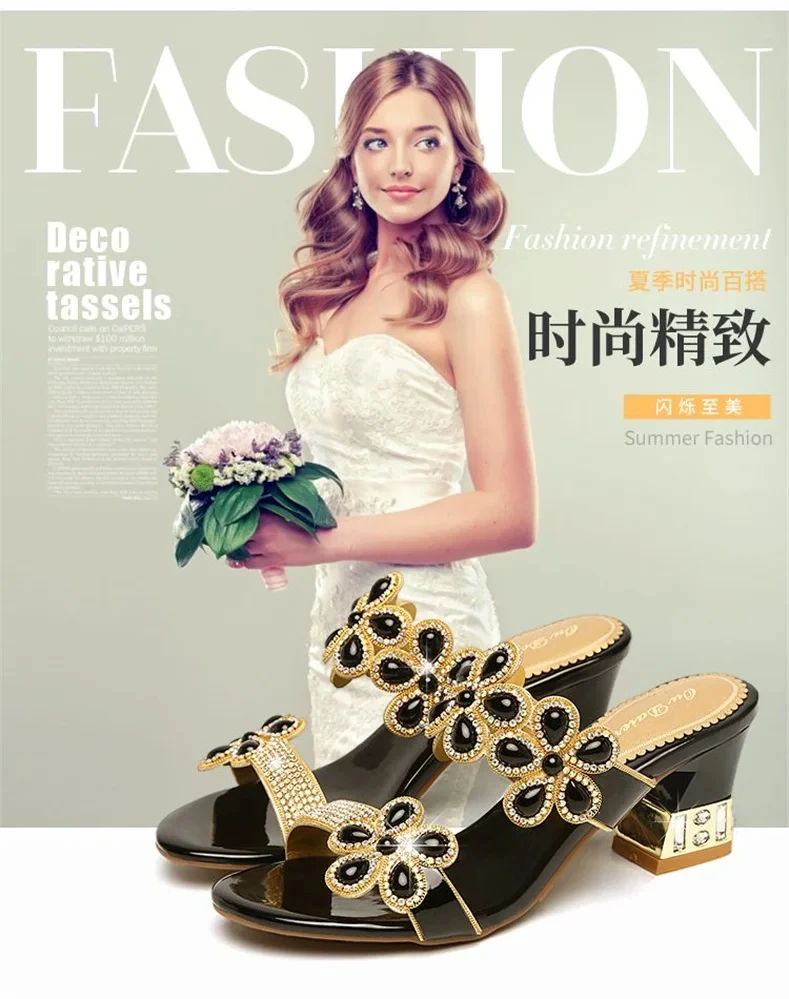 2024 New Summer Glitter Women Sandals Fashion Outdoor Peep Toe Casual Beach Slippers Thick Heel Slip on Rhinestone Sandals