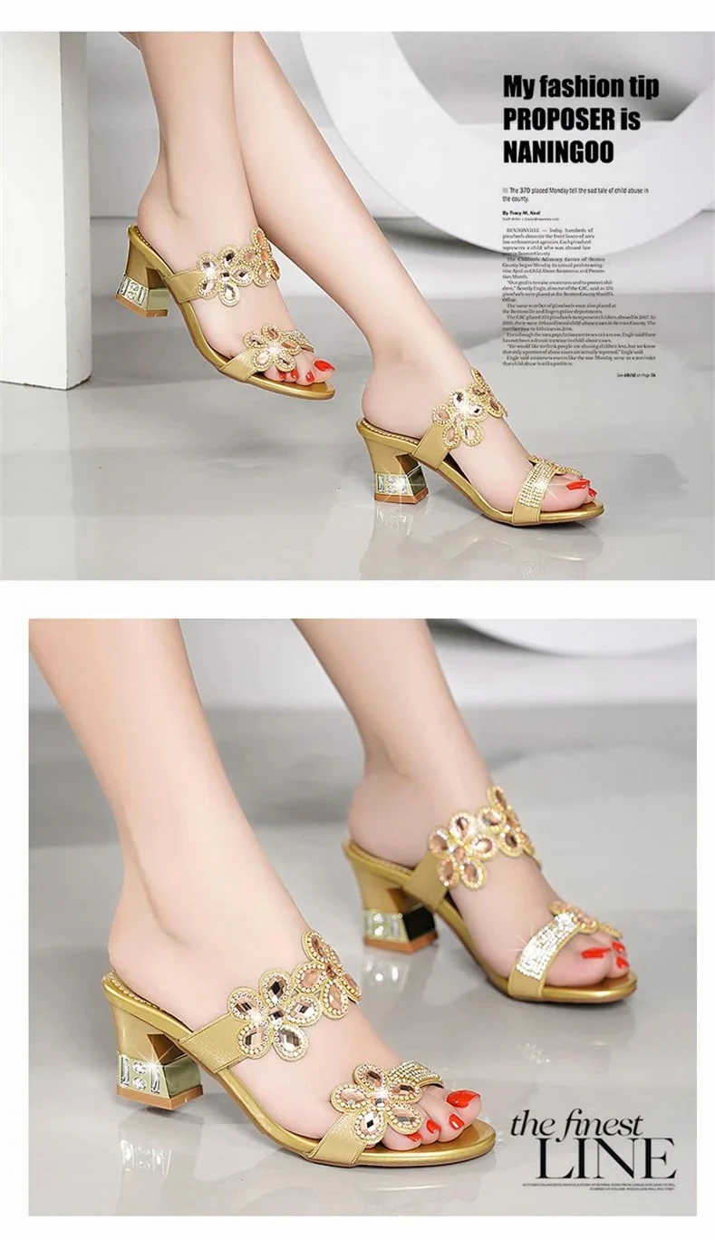 2024 New Summer Glitter Women Sandals Fashion Outdoor Peep Toe Casual Beach Slippers Thick Heel Slip on Rhinestone Sandals