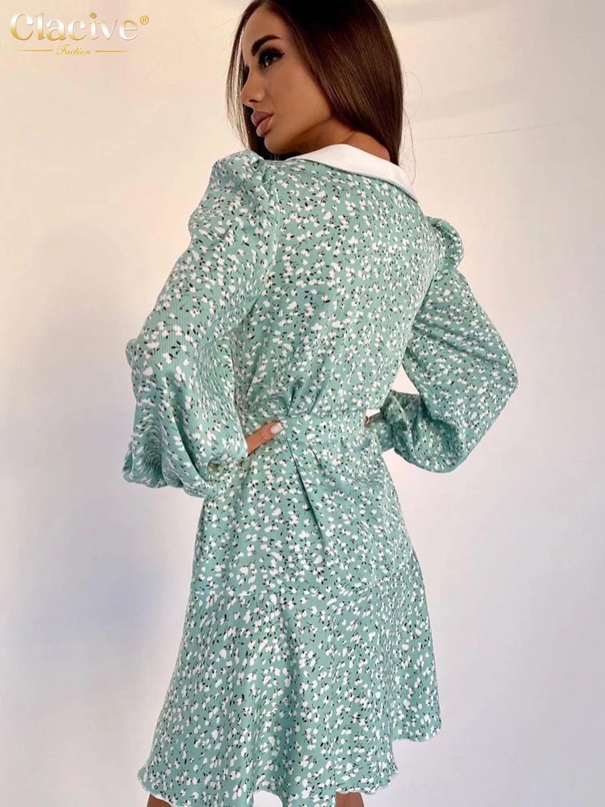 Clacive Fashion Slim Print Women'S Dresses 2023 Elegant Lapel Long Sleeve Office Lady Mini Dress Casual High Waist Female Dress