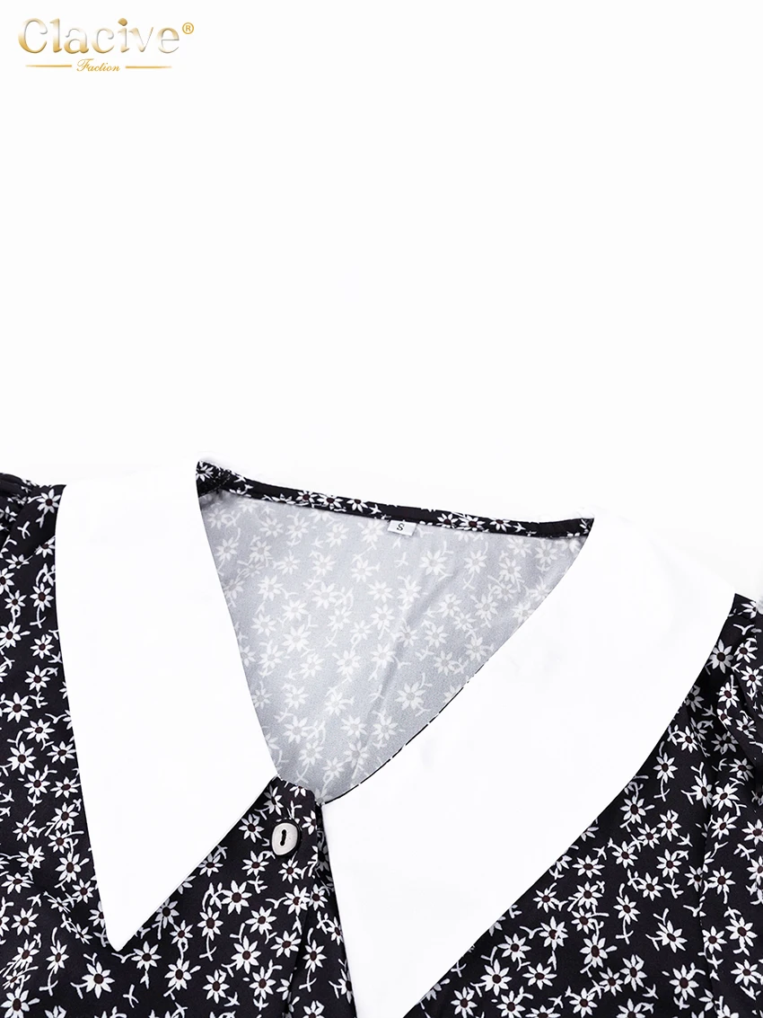 Clacive Fashion Slim Print Women'S Dresses 2023 Elegant Lapel Long Sleeve Office Lady Mini Dress Casual High Waist Female Dress
