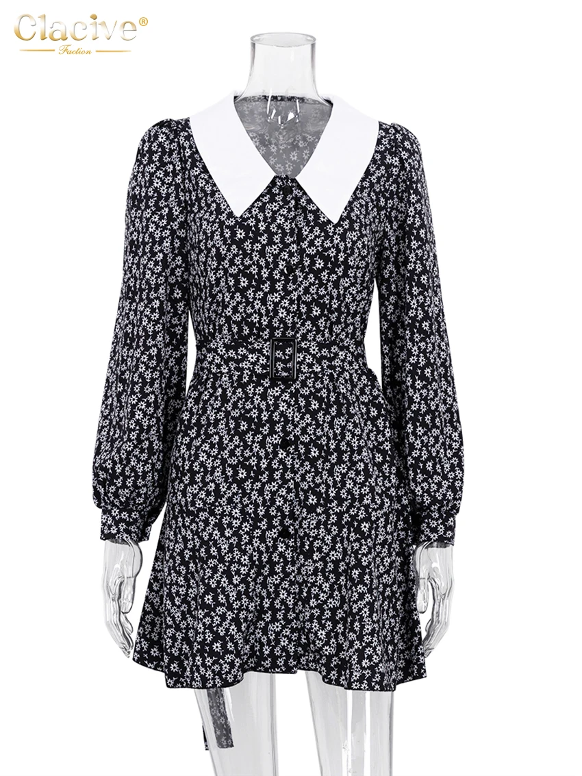 Clacive Fashion Slim Print Women'S Dresses 2023 Elegant Lapel Long Sleeve Office Lady Mini Dress Casual High Waist Female Dress