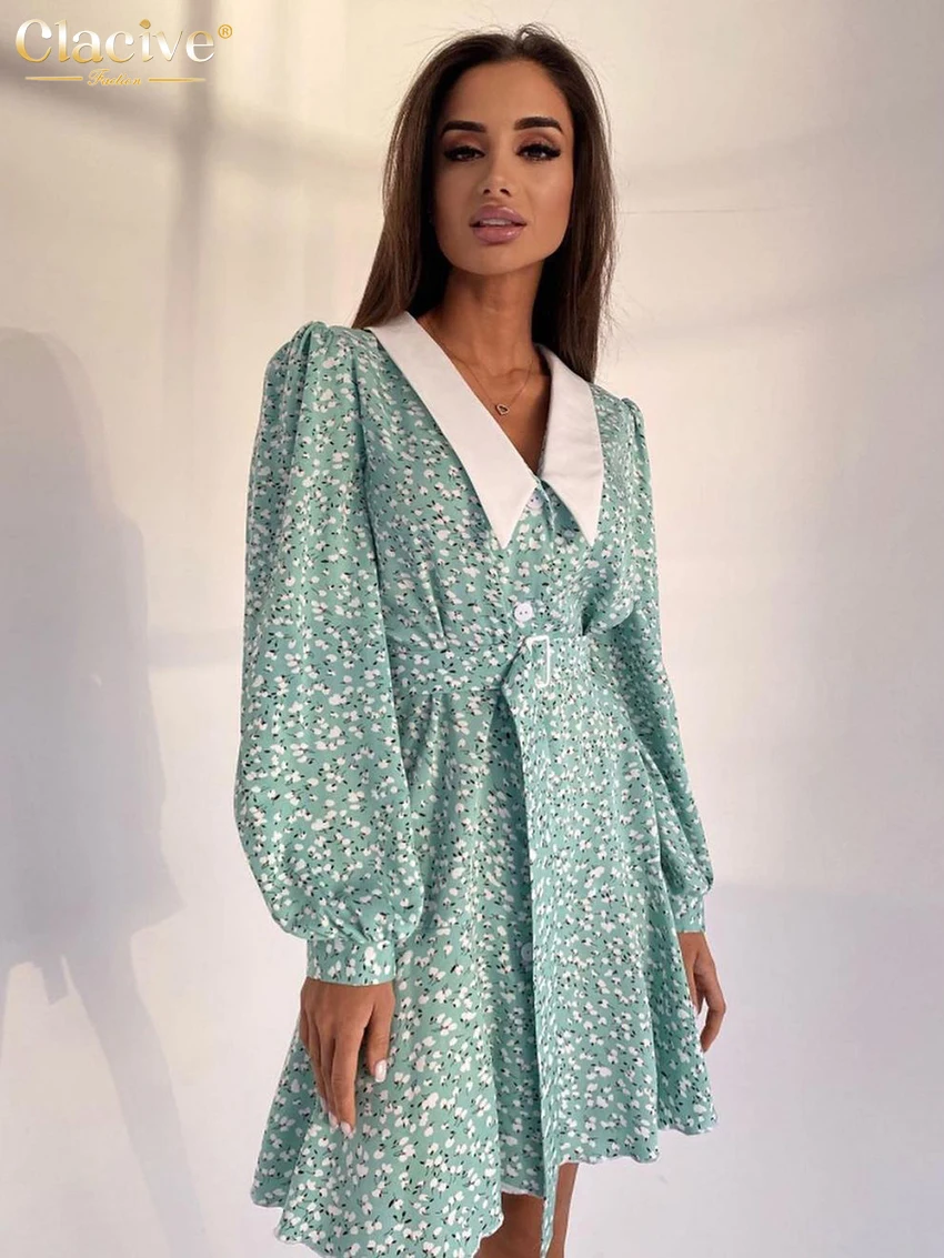 Clacive Fashion Slim Print Women'S Dresses 2023 Elegant Lapel Long Sleeve Office Lady Mini Dress Casual High Waist Female Dress
