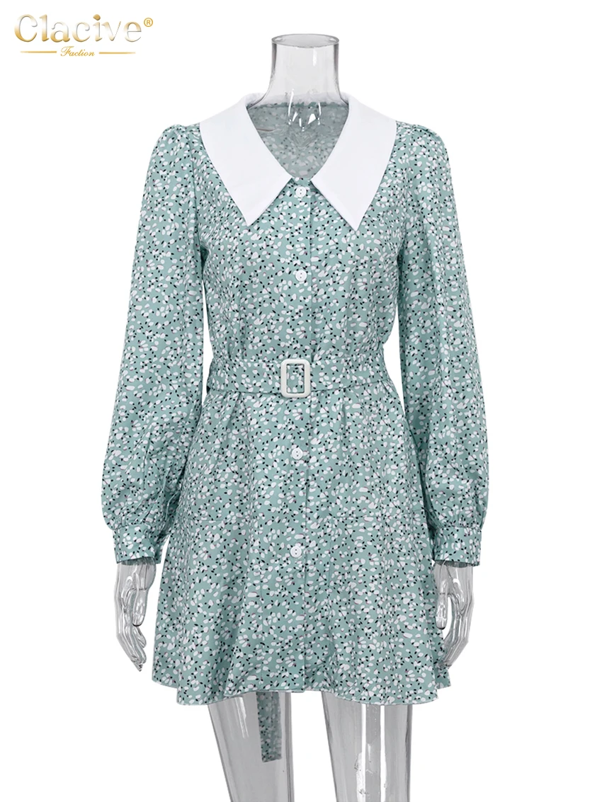 Clacive Fashion Slim Print Women'S Dresses 2023 Elegant Lapel Long Sleeve Office Lady Mini Dress Casual High Waist Female Dress