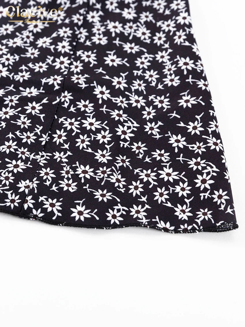 Clacive Fashion Slim Print Women'S Dresses 2023 Elegant Lapel Long Sleeve Office Lady Mini Dress Casual High Waist Female Dress