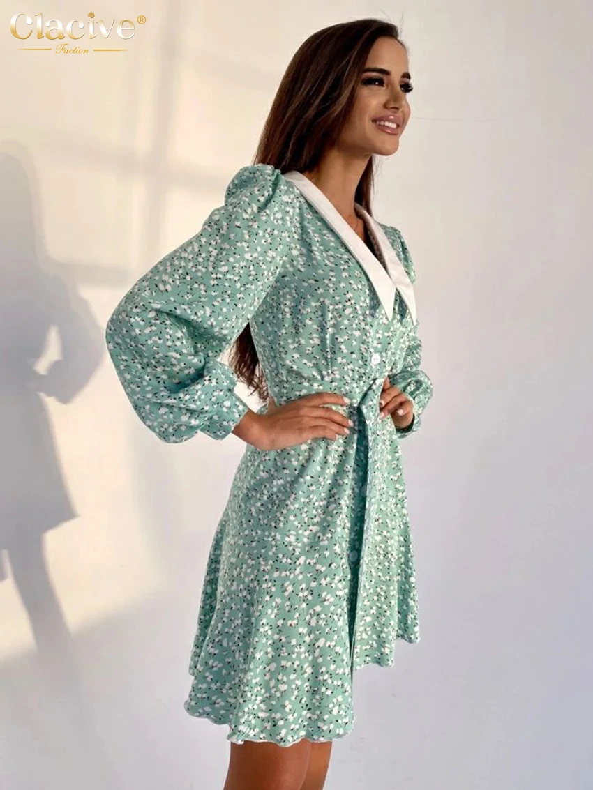 Clacive Fashion Slim Print Women'S Dresses 2023 Elegant Lapel Long Sleeve Office Lady Mini Dress Casual High Waist Female Dress