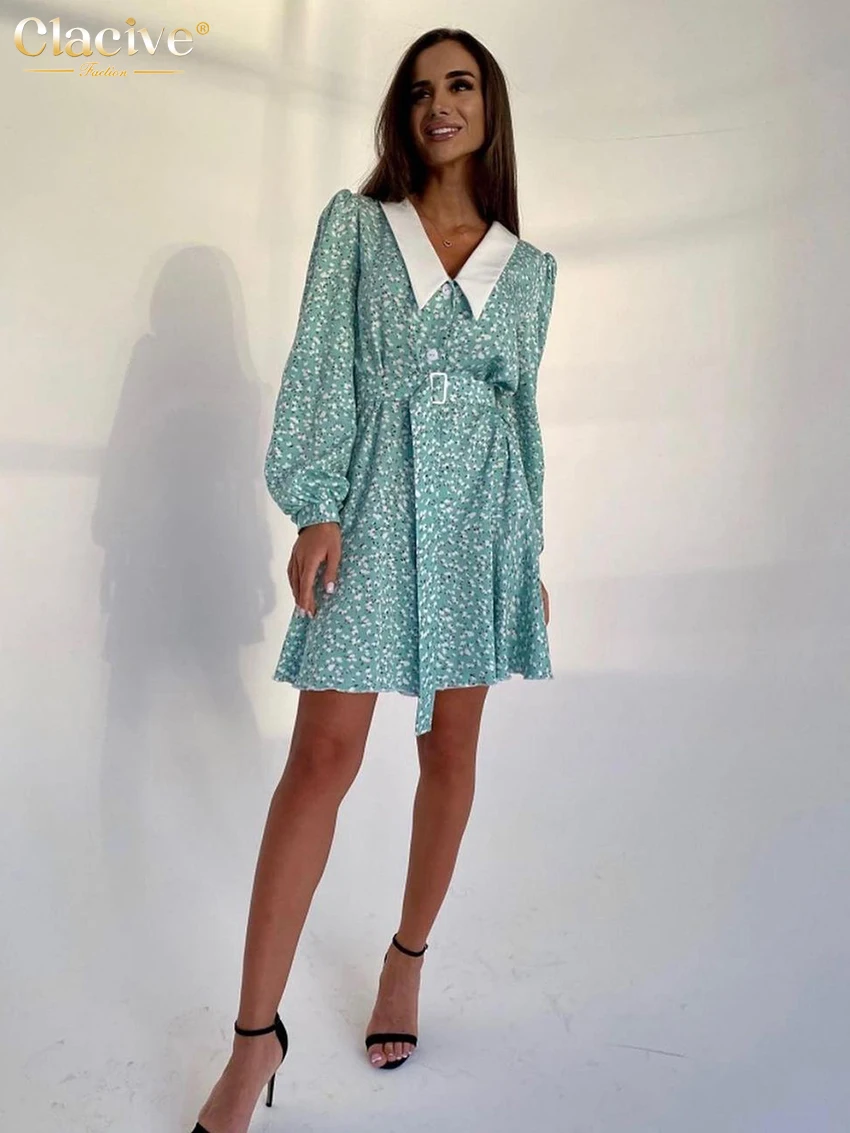 Clacive Fashion Slim Print Women'S Dresses 2023 Elegant Lapel Long Sleeve Office Lady Mini Dress Casual High Waist Female Dress