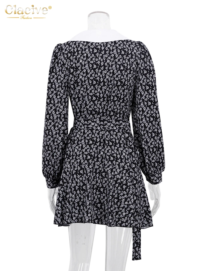 Clacive Fashion Slim Print Women'S Dresses 2023 Elegant Lapel Long Sleeve Office Lady Mini Dress Casual High Waist Female Dress