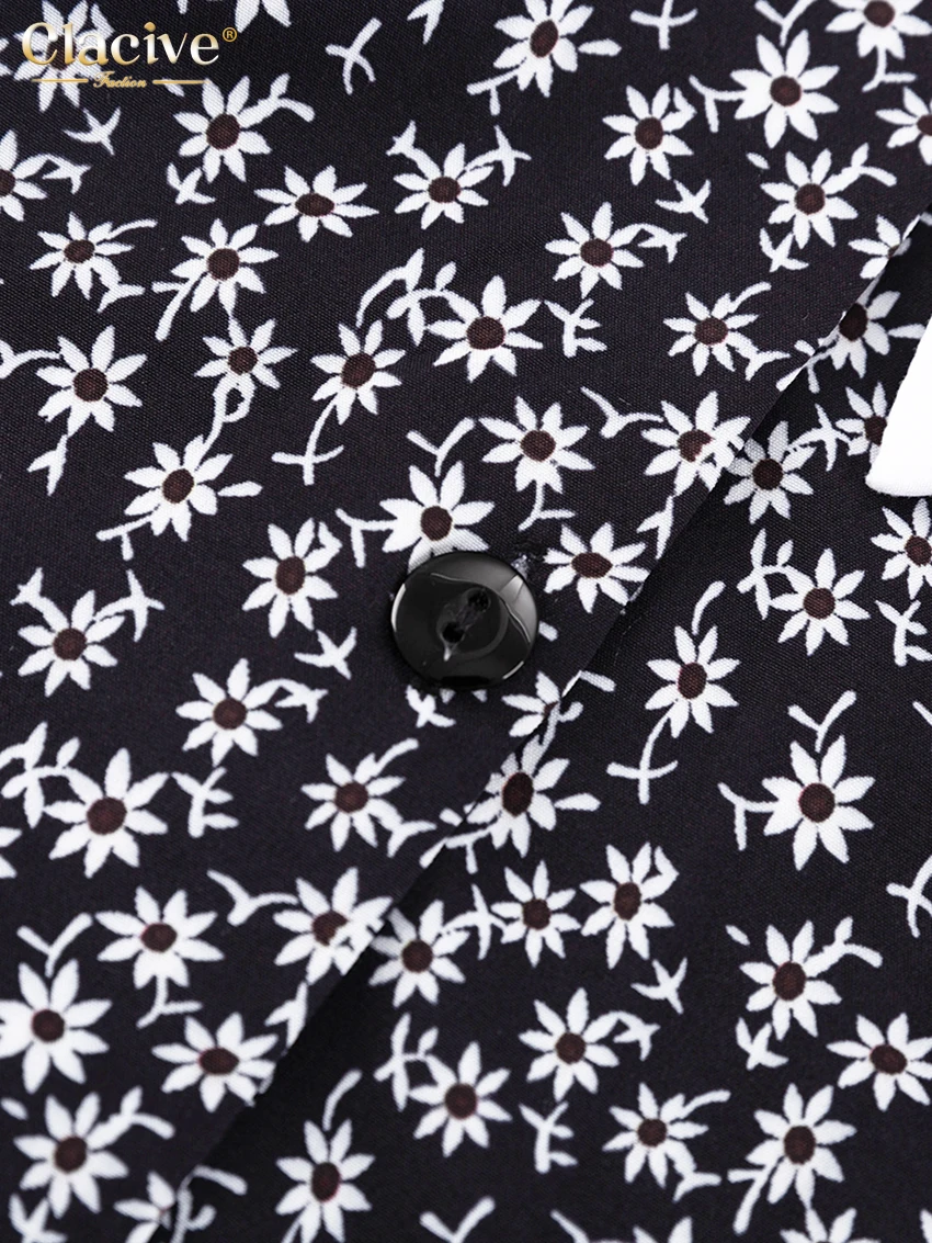 Clacive Fashion Slim Print Women'S Dresses 2023 Elegant Lapel Long Sleeve Office Lady Mini Dress Casual High Waist Female Dress