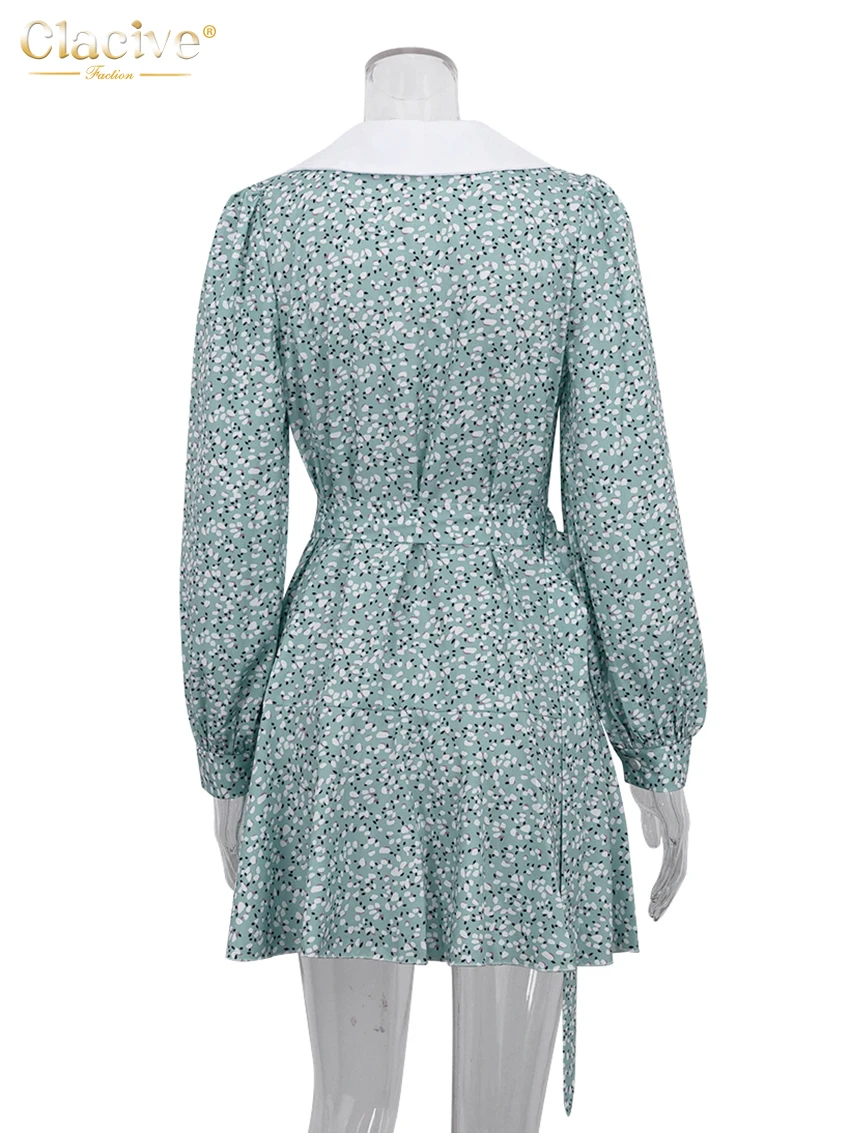 Clacive Fashion Slim Print Women'S Dresses 2023 Elegant Lapel Long Sleeve Office Lady Mini Dress Casual High Waist Female Dress