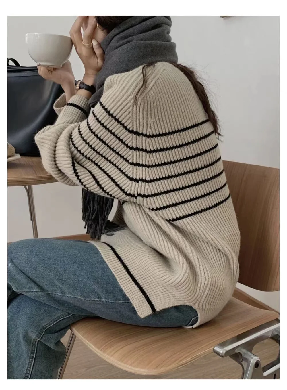 Fashionable stripe languid breeze cashmere sweater woman autumn winter 100 go with round neck sweater loose pullover sweater