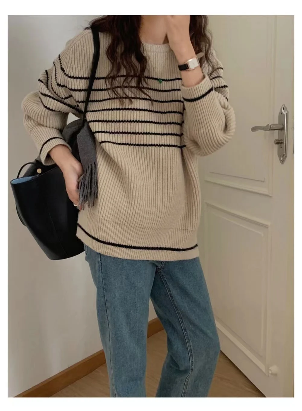 Fashionable stripe languid breeze cashmere sweater woman autumn winter 100 go with round neck sweater loose pullover sweater