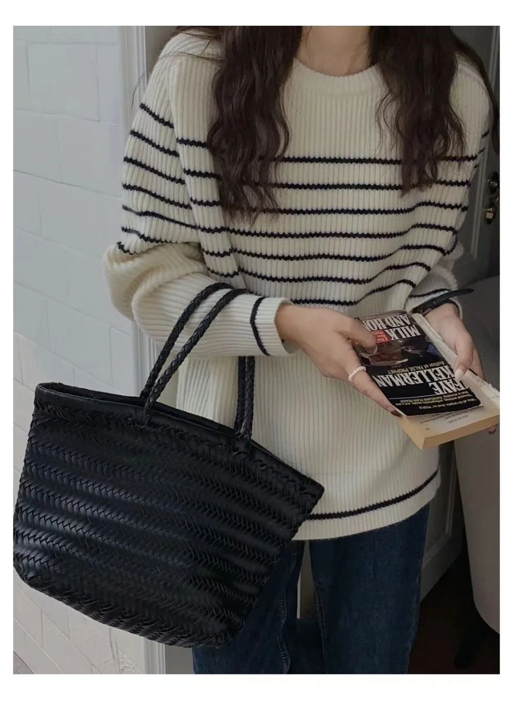 Fashionable stripe languid breeze cashmere sweater woman autumn winter 100 go with round neck sweater loose pullover sweater