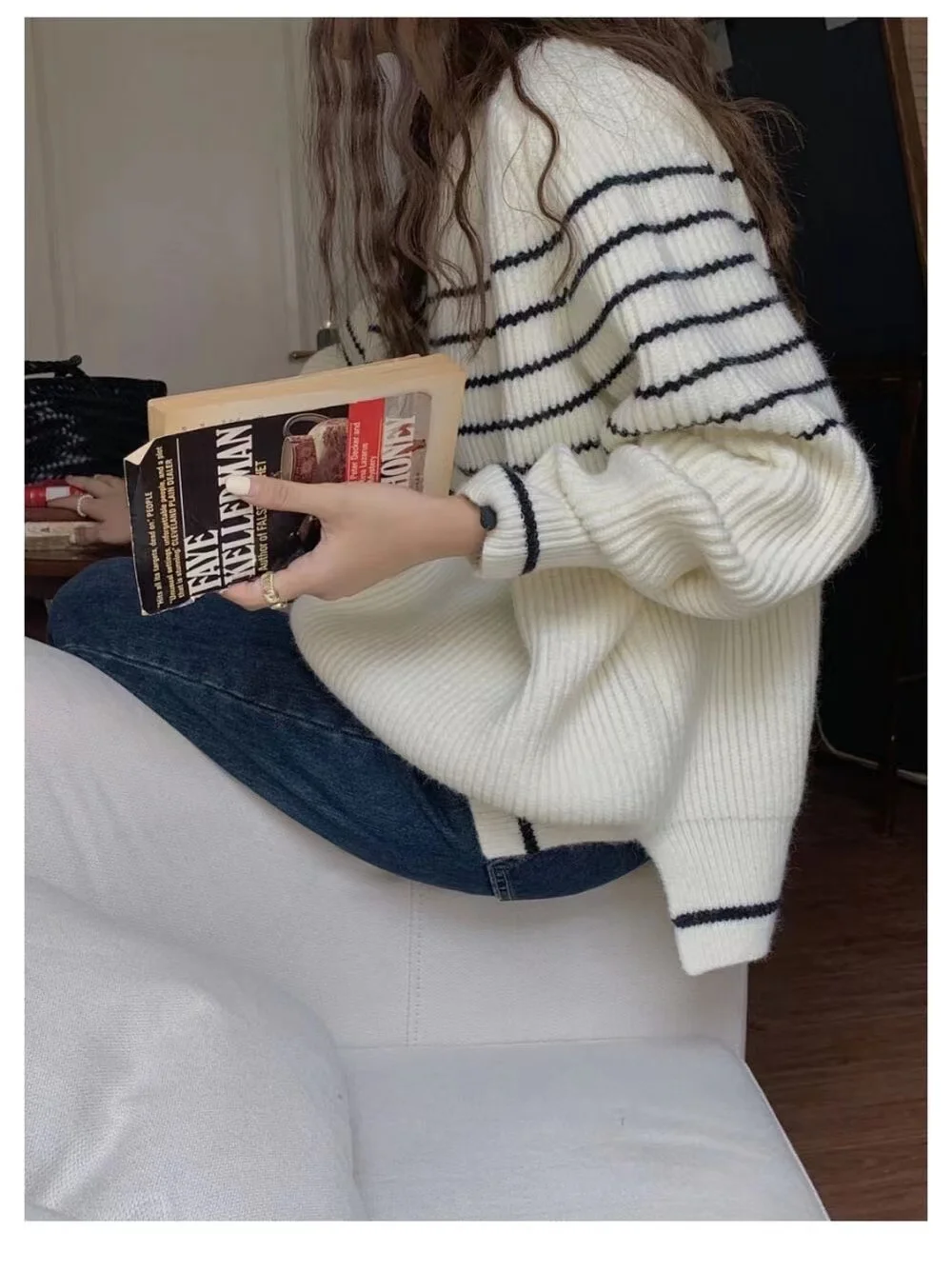 Fashionable stripe languid breeze cashmere sweater woman autumn winter 100 go with round neck sweater loose pullover sweater