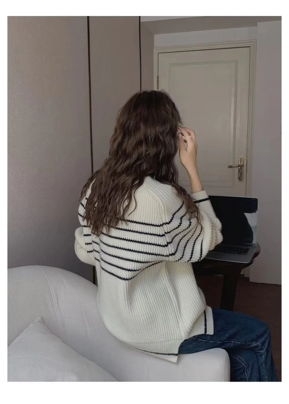Fashionable stripe languid breeze cashmere sweater woman autumn winter 100 go with round neck sweater loose pullover sweater