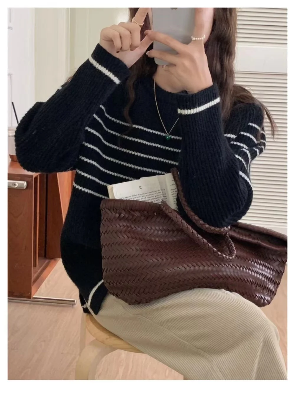 Fashionable stripe languid breeze cashmere sweater woman autumn winter 100 go with round neck sweater loose pullover sweater