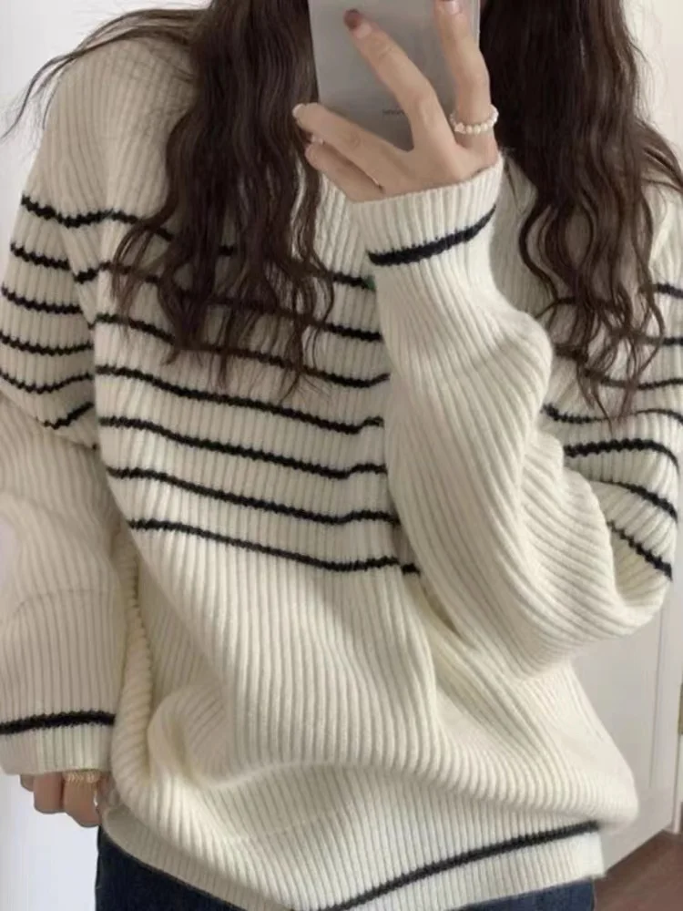 Fashionable stripe languid breeze cashmere sweater woman autumn winter 100 go with round neck sweater loose pullover sweater