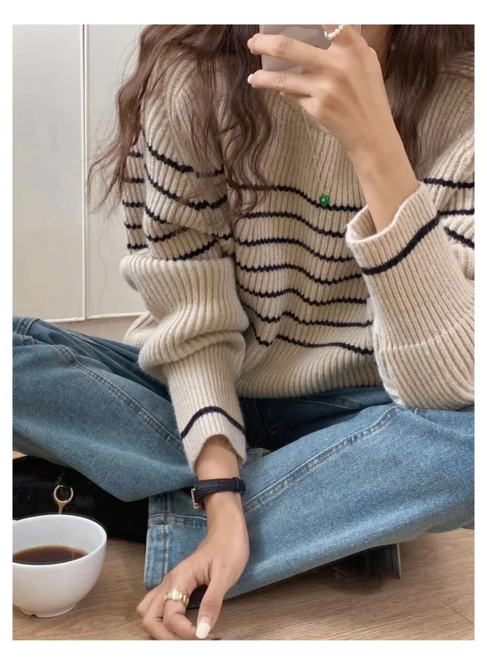 Fashionable stripe languid breeze cashmere sweater woman autumn winter 100 go with round neck sweater loose pullover sweater