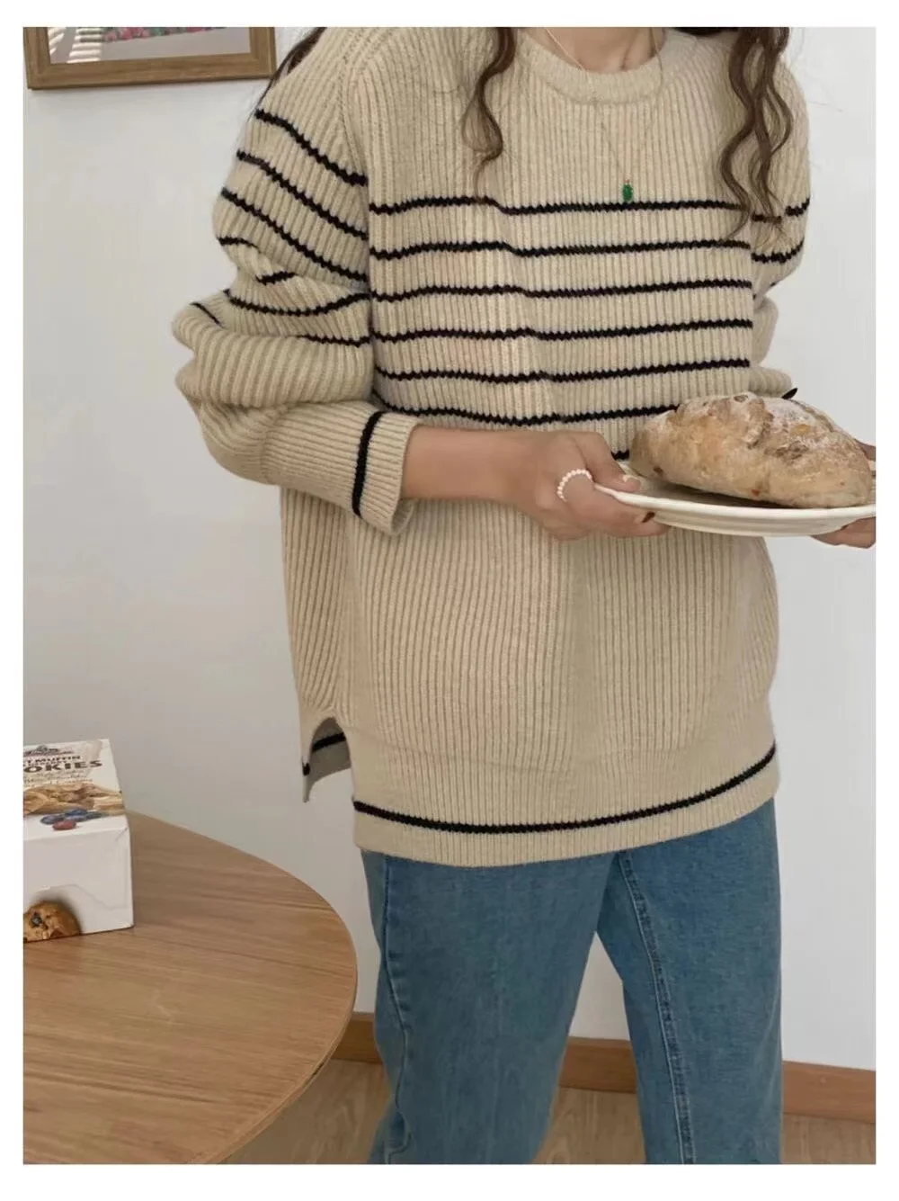 Fashionable stripe languid breeze cashmere sweater woman autumn winter 100 go with round neck sweater loose pullover sweater