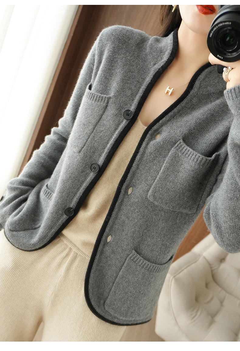 100% Cashmere / Wool Sweater Autumn/Winter 2021 Women's Stand-up Collar Cardigan Casual Knit Tops Korean Plus Size Female Jacket