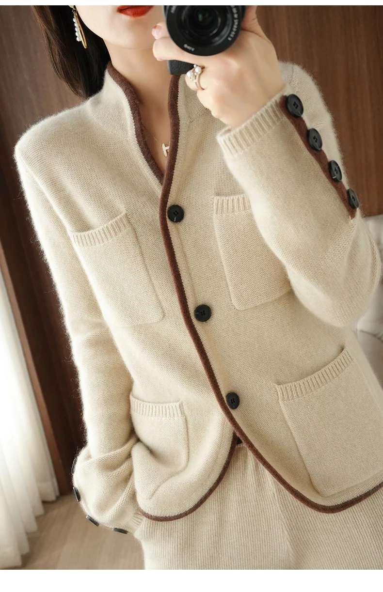 100% Cashmere / Wool Sweater Autumn/Winter 2021 Women's Stand-up Collar Cardigan Casual Knit Tops Korean Plus Size Female Jacket