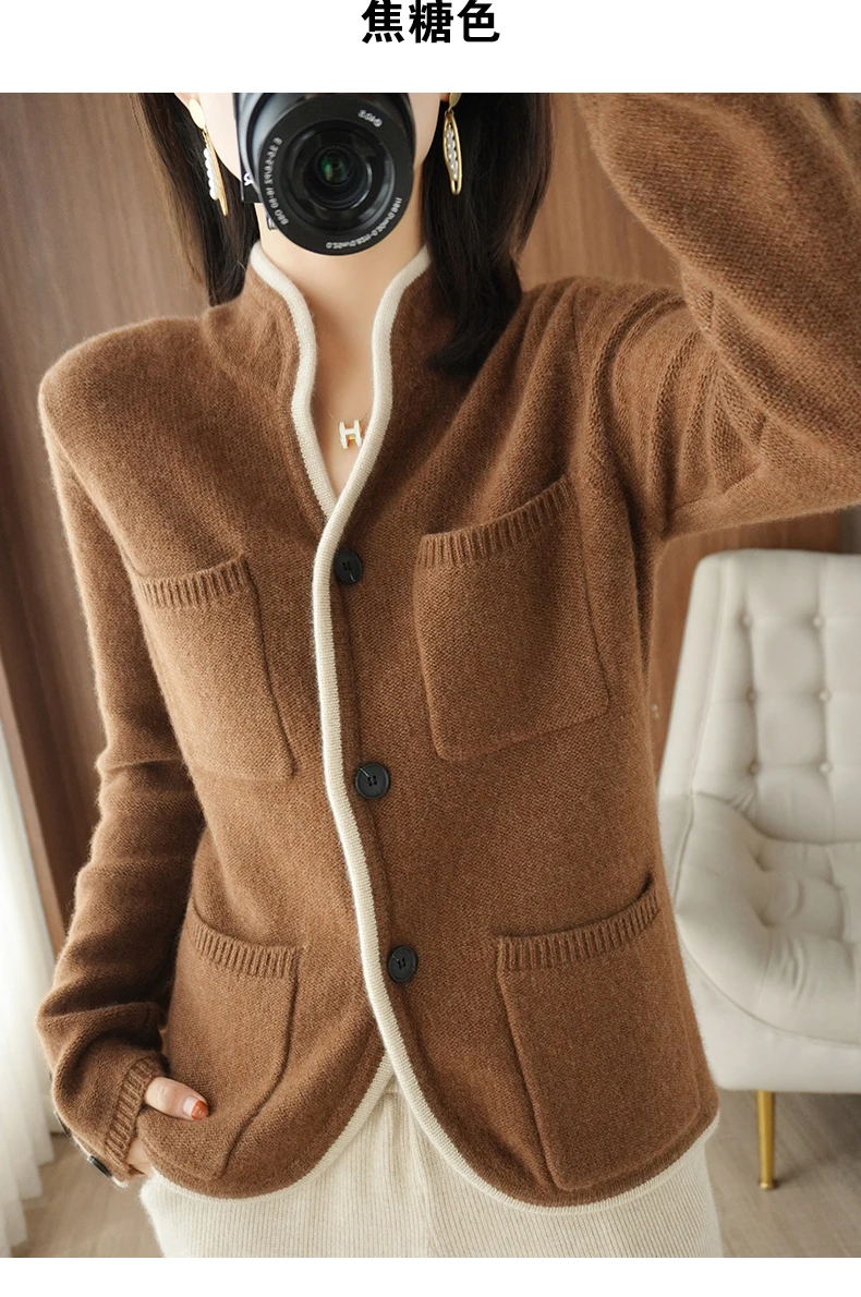 100% Cashmere / Wool Sweater Autumn/Winter 2021 Women's Stand-up Collar Cardigan Casual Knit Tops Korean Plus Size Female Jacket