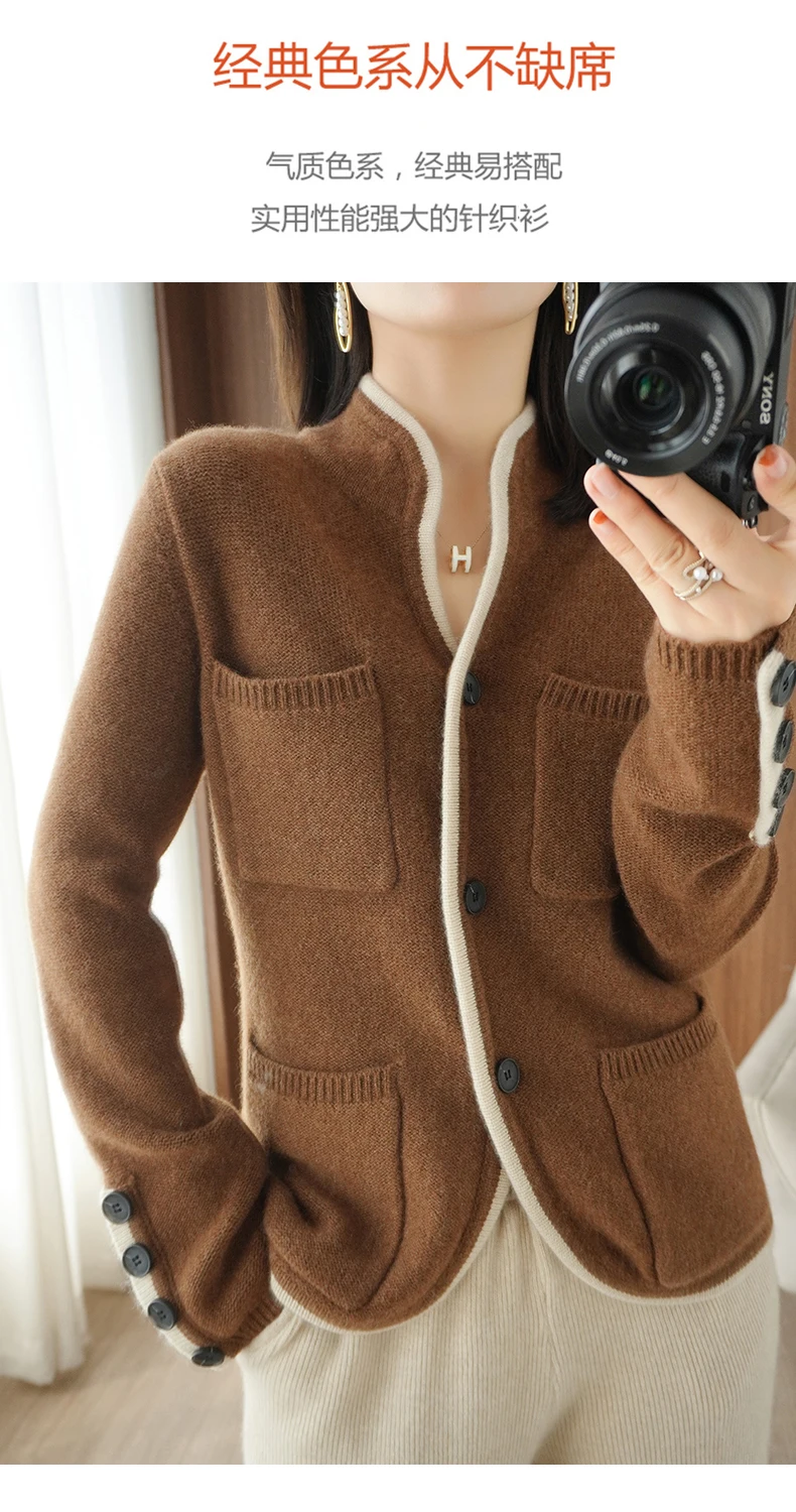 100% Cashmere / Wool Sweater Autumn/Winter 2021 Women's Stand-up Collar Cardigan Casual Knit Tops Korean Plus Size Female Jacket