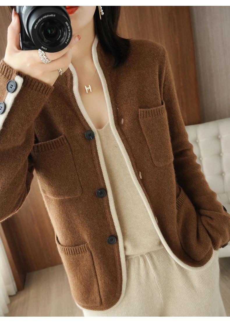 100% Cashmere / Wool Sweater Autumn/Winter 2021 Women's Stand-up Collar Cardigan Casual Knit Tops Korean Plus Size Female Jacket