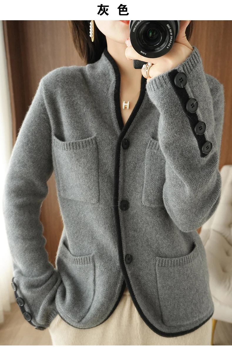 100% Cashmere / Wool Sweater Autumn/Winter 2021 Women's Stand-up Collar Cardigan Casual Knit Tops Korean Plus Size Female Jacket