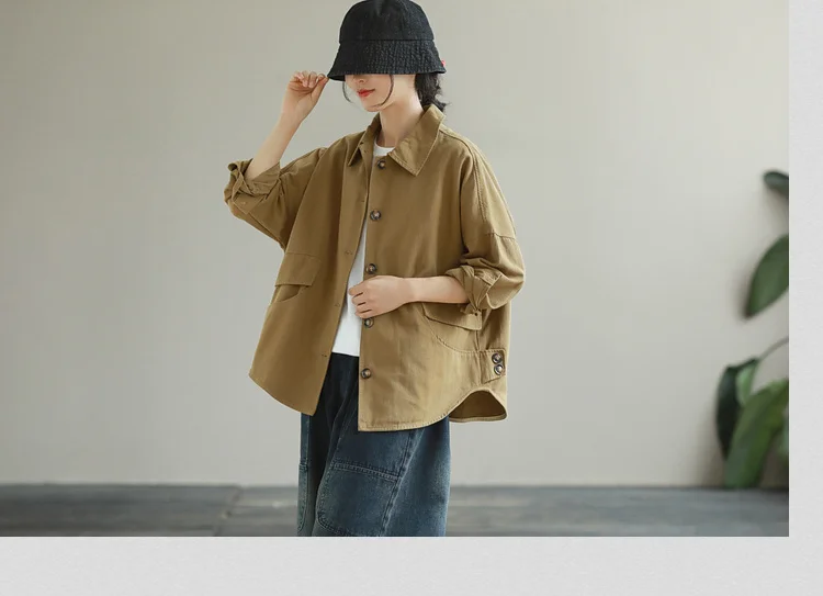 Amax LuluE Autumn 2025 Outerwear Womens Khaki Korean Style Vintage Jacket Basic Lady Casual Coat Button Harajuku Loose Clothing